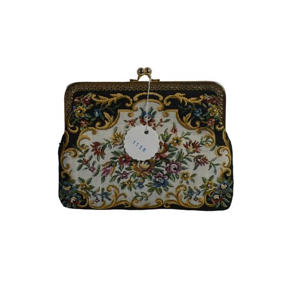 1980s Petite Point Berta Floral Tapestry Gold Plated Frame Clutch Shoulder Bag - Picture 3 of 7